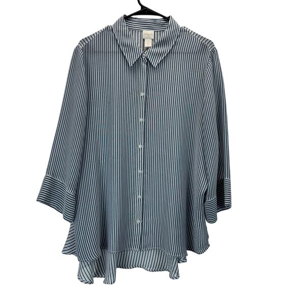 Chico's Sheer 3/4 Sleeve Striped Blouse Peplum Back Hem 3 XL - Picture 1 of 9